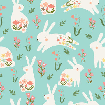 bunny hop in wild flowers garden hand drawn seamless pattern vector illustration for  invitation greeting birthday party celebration wedding card poster banner textiles wallpaper paper wrap background