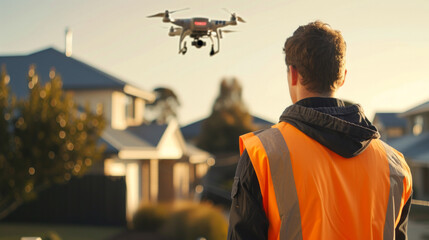 Professional man doing a house flight over mission using a drone to measure and inspect roof - obrazy, fototapety, plakaty