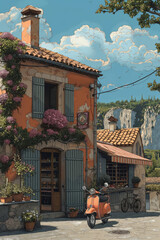 Obraz premium an old bakery building with a motor scooter in front of it, in the style of romantic charm and villagecore. Generative ai. H008