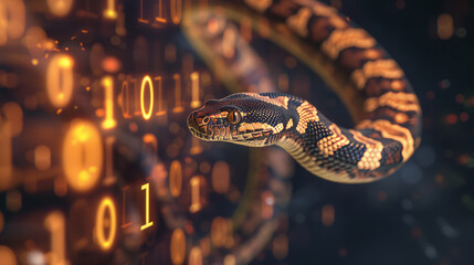 Python snake and coding numbers on a screen to represent Python computer language - Powered by Adobe