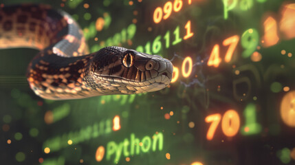 Python snake and coding numbers on a screen to represent Python computer language - Powered by Adobe