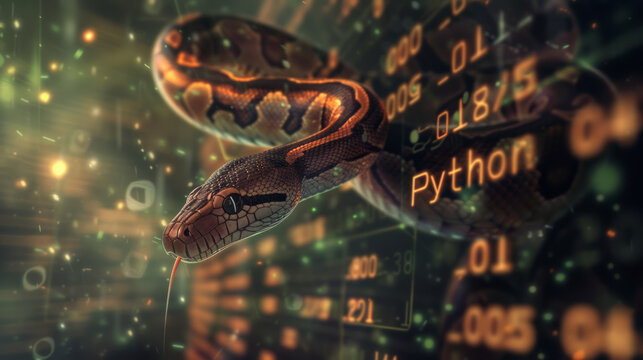 Python snake and coding numbers on a screen to represent Python computer language