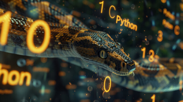 Python snake and coding numbers on a screen to represent Python computer language
