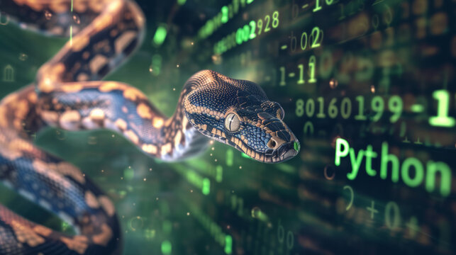 Python snake and coding numbers on a screen to represent Python computer language