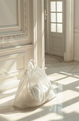 a white shopping bag on the floor in a white room