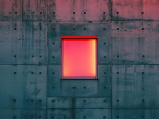 a window with pink orange color lighting on a concrete wall