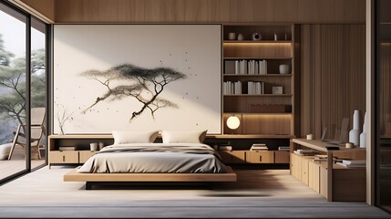 A Japanese-inspired bedroom with hidden storage, embracing minimalism and clean lines