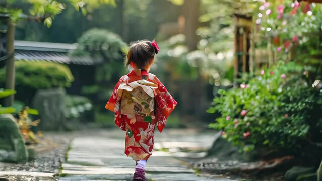 Japanese girl in kimono walking in the garden. Japanese traditional dress.