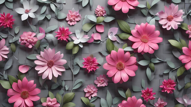 3d mural Flowers background with Square wallpaper for walls . with pink flowers and gray silver background