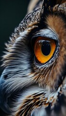 a close up of an owl's orange eyes