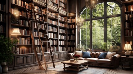 A home library with floor-to-ceiling bookshelves, a cozy reading corner, and a sliding ladder