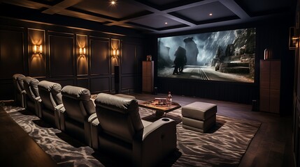 A home cinema with comfortable recliners, acoustic panels, and a projector screen - obrazy, fototapety, plakaty