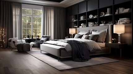 A Hollywood glamour-inspired bedroom with hidden storage, featuring mirrored surfaces and luxurious...