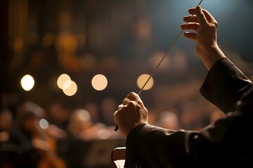 a conductor holding a baton in front of an audience - obrazy, fototapety, plakaty