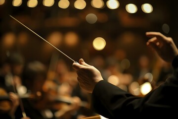 a conductor holding a string in front of a orchestra - obrazy, fototapety, plakaty