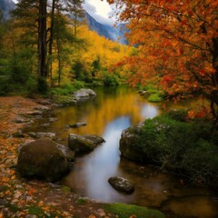 Naklejka na ściany i meble Beautiful autumn season view with trees ,water