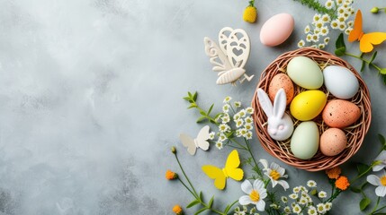A whimsical Easter inspired flat lay with a basket full of beautifully decorated eggs ready for the holiday celebration.