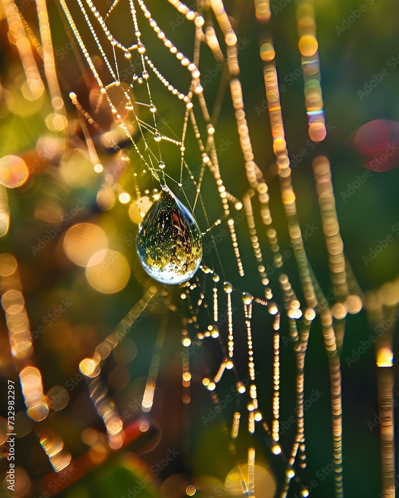 Sticker a dew covered spider web with a drop of water on it