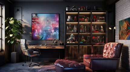 A gaming room with a wall-mounted console storage cabinet that doubles as decor - obrazy, fototapety, plakaty