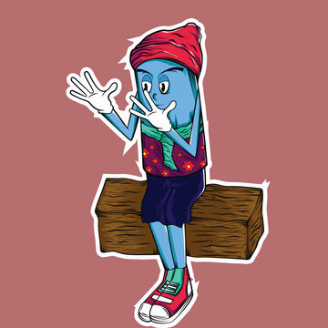 make a cute mascot of a doll sitting on wood alone