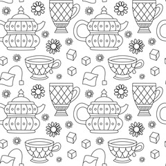 Seamless outline pattern with tea elements, cup of tea, kettle  and daisies. - 732982405