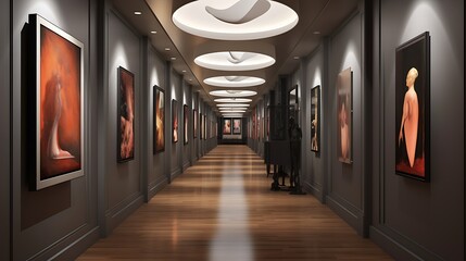 A gallery-style hallway with recessed lighting and niches for displaying artwork - obrazy, fototapety, plakaty