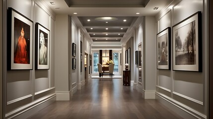 A gallery-style hallway with recessed lighting and niches for displaying artwork - obrazy, fototapety, plakaty