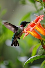 a hummingbird hovering over a flower in the rain
