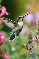 a hummingbird flying over a flower filled field