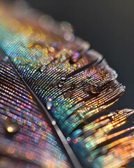 a close up of a colorful feather with drops of water on it