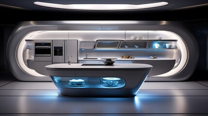 A futuristic-style kitchen with cabinets that open with touch-sensitive panels - obrazy, fototapety, plakaty