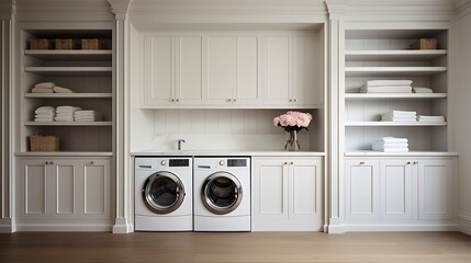 A functional laundry room with concealed storage cabinets for cleaning supplies - obrazy, fototapety, plakaty