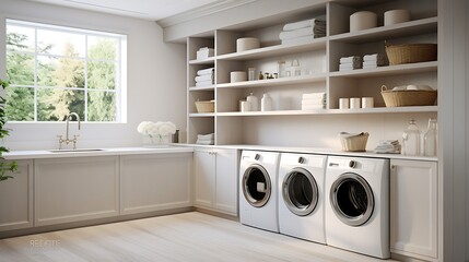 A functional laundry room with concealed storage cabinets for cleaning supplies - obrazy, fototapety, plakaty