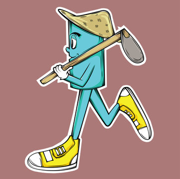 make a cute cartoon mascot of a farmer doll running with a hoe