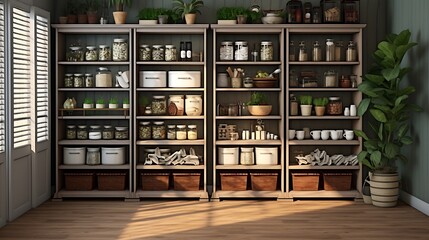 A functional and organized pantry with adjustable shelving and storage bins - obrazy, fototapety, plakaty