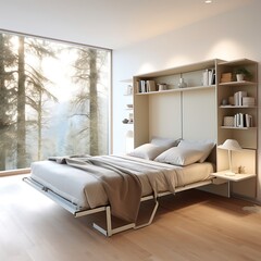 A foldable wall bed that seamlessly integrates into the minimalist bedroom during the day