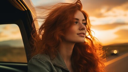Close-up of a beautiful young redhead woman getting out of a car at sunset. Travel, Hobbies and leisure concepts.
