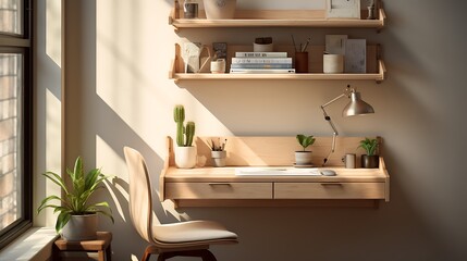 A floating shelf transformed into a compact workspace with a wall-mounted desk - obrazy, fototapety, plakaty