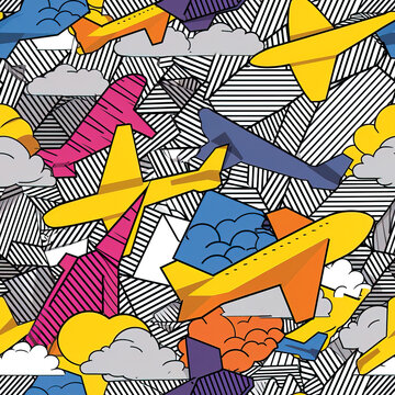 Airplane minimal cartoon abstract colorful repeat pattern, pop art line art bright trendy repetitive design