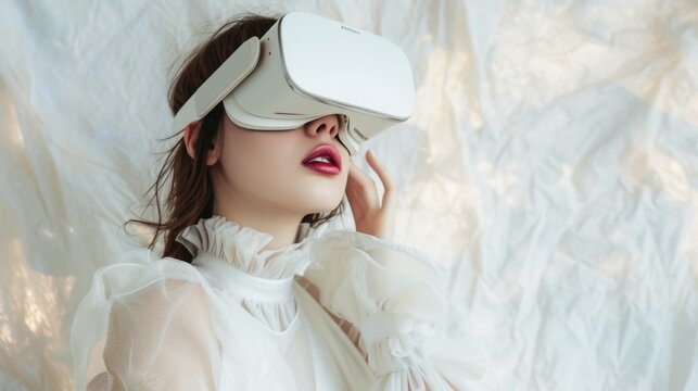 Young woman in VR headset on white background. Immersive experience of virtual reality in sensitive fashion editorial style. 
