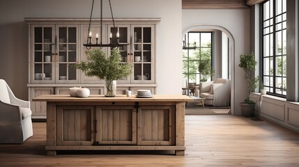 A farmhouse-style dining area showcasing a buffet table with concealed compartments - obrazy, fototapety, plakaty
