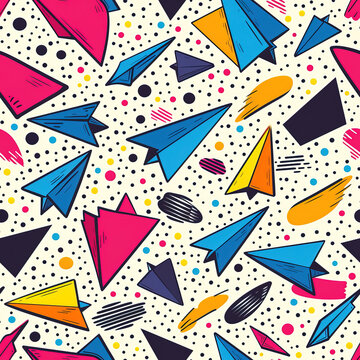 Paper airplane minimal cartoon abstract colorful repeat pattern, pop art line art bright trendy repetitive design