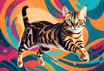 A modern and artistic composition featuring a graceful and slender Bengal cat in mid-leap, against a backdrop of abstract patterns in vibrant colors, capturing its energy and athleticism.