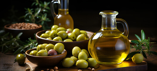 Close up background with olives and leaves symbolizing healthy olive oil