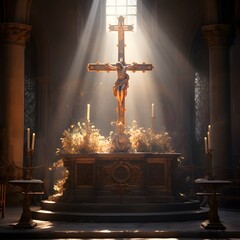the grandeur of an altar with a brightly illuminated cross - obrazy, fototapety, plakaty