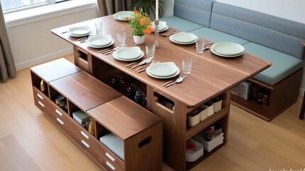 A dual-purpose dining table with built-in storage for dinnerware and linens