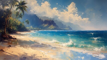 Oil painting of Hawaii with palm trees and sea - obrazy, fototapety, plakaty