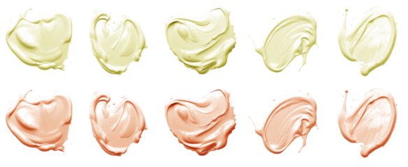 2 Collection set of pastel light yellow orange, blob paint ink liquid smear smudge swatch cream wax on transparent background cutout, PNG file. Many different design. Mockup template artwork graphic