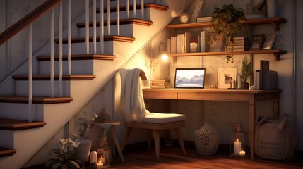 A cozy study nook under the stairs with a built-in desk and floating shelves - obrazy, fototapety, plakaty