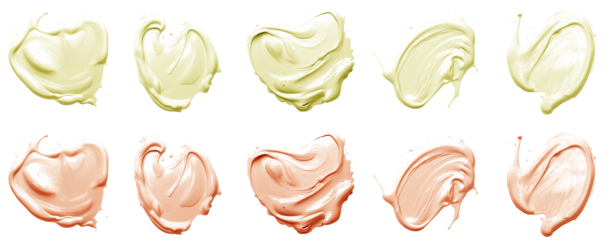2 Collection set of pastel light yellow orange, blob paint ink liquid smear smudge swatch cream wax on transparent background cutout, PNG file. Many different design. Mockup template artwork graphic